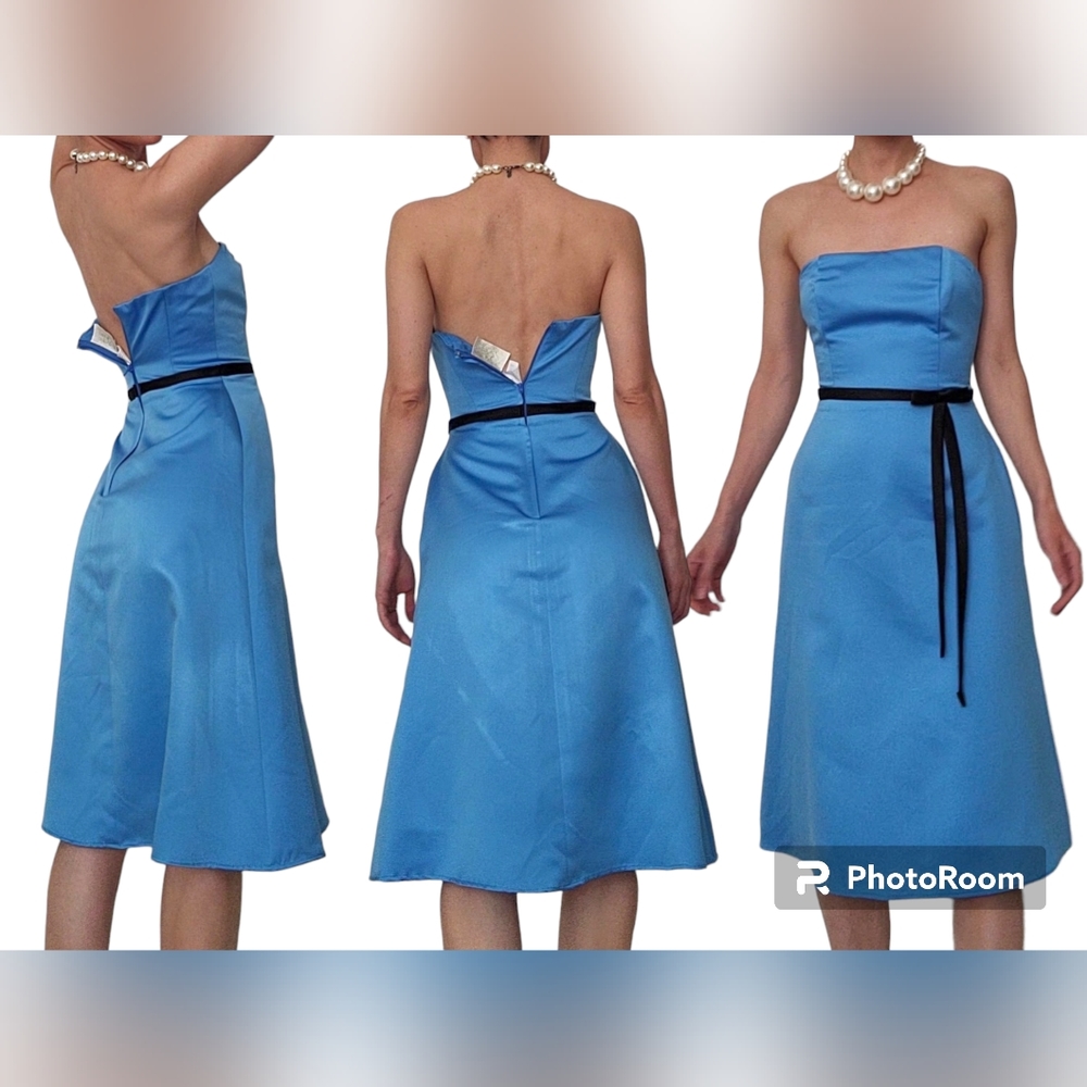 Forever Yours Vintage Blue Formal Strapless Knee length Gown With ribbon Size 00
